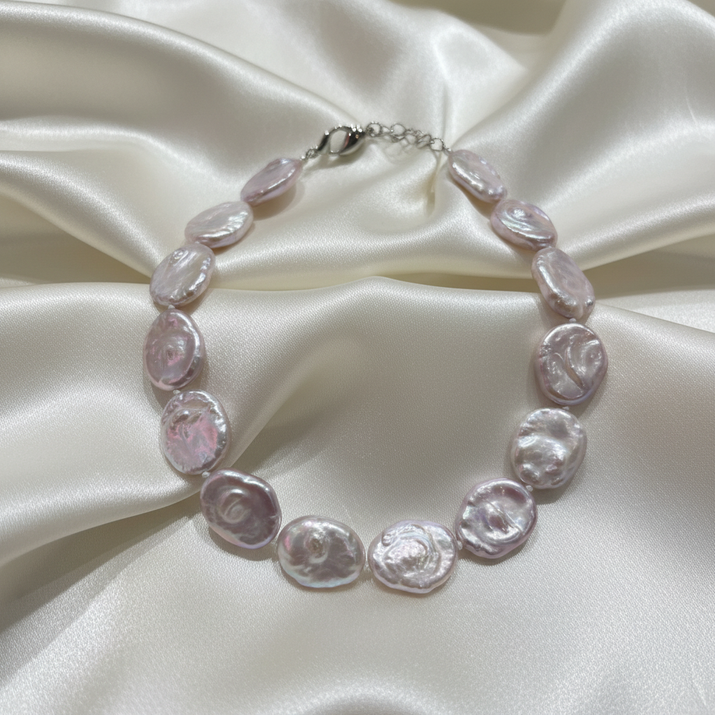 Lilac Coin Pearl Necklace on Silk