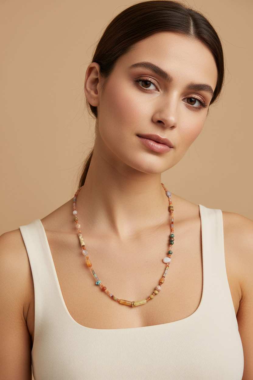Mixed gemstone necklace on real model