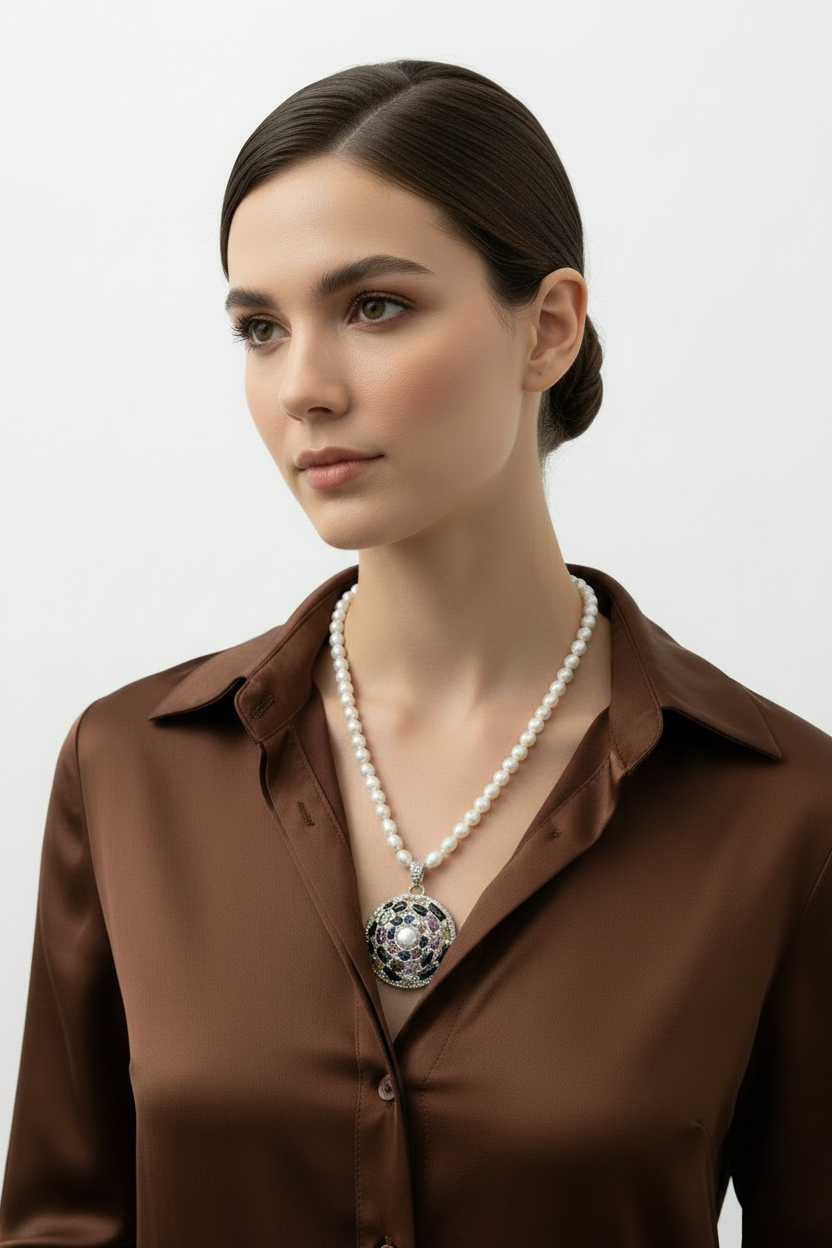 Model Chocolate Brown Satin Shirt Pearl Necklace