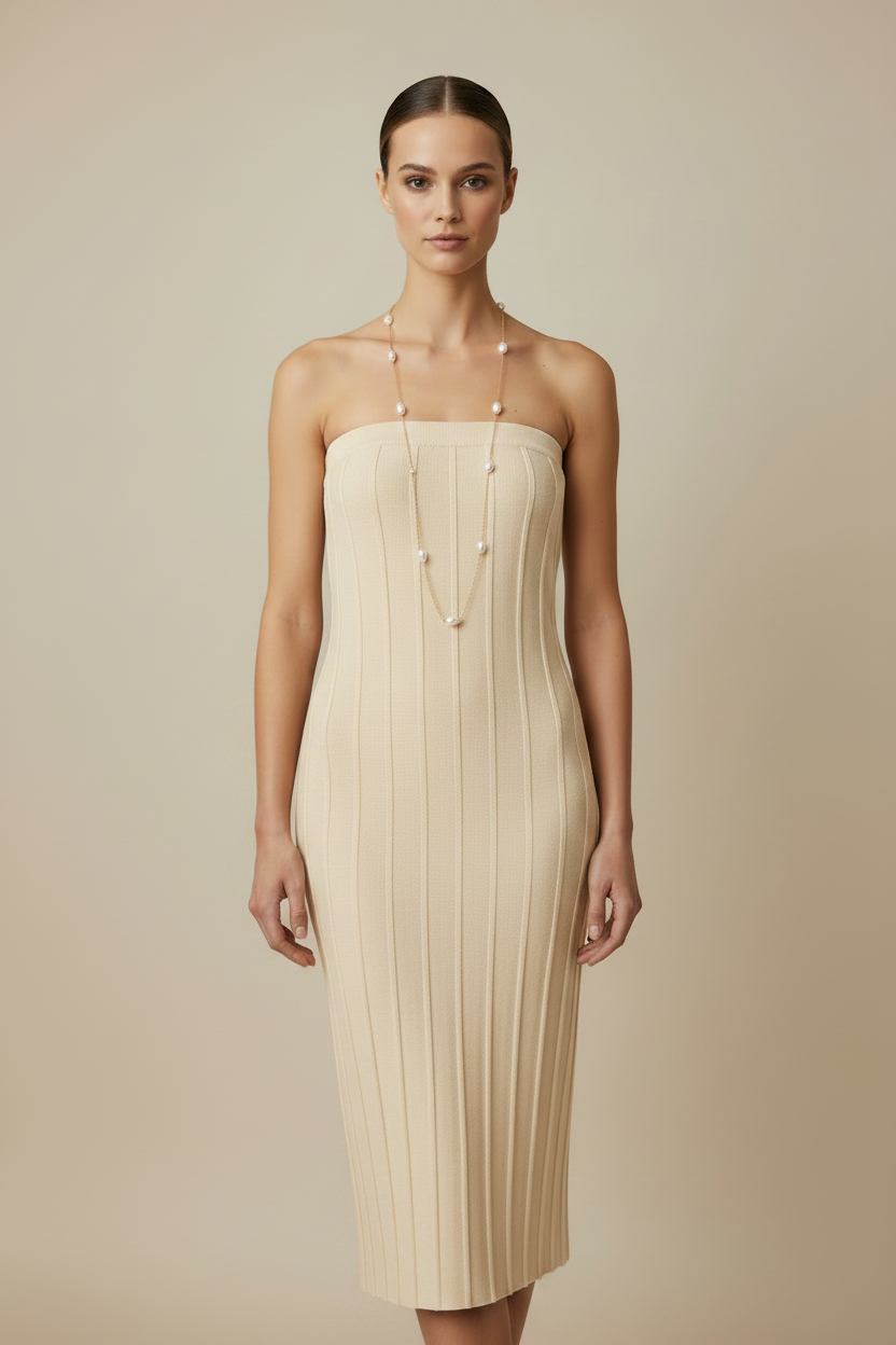 Model - cream ribbed strapless dress