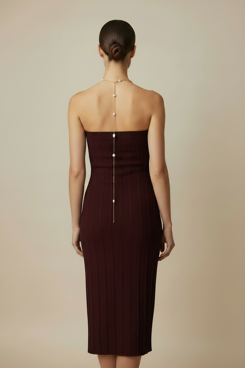 Model - dark claret dress back view