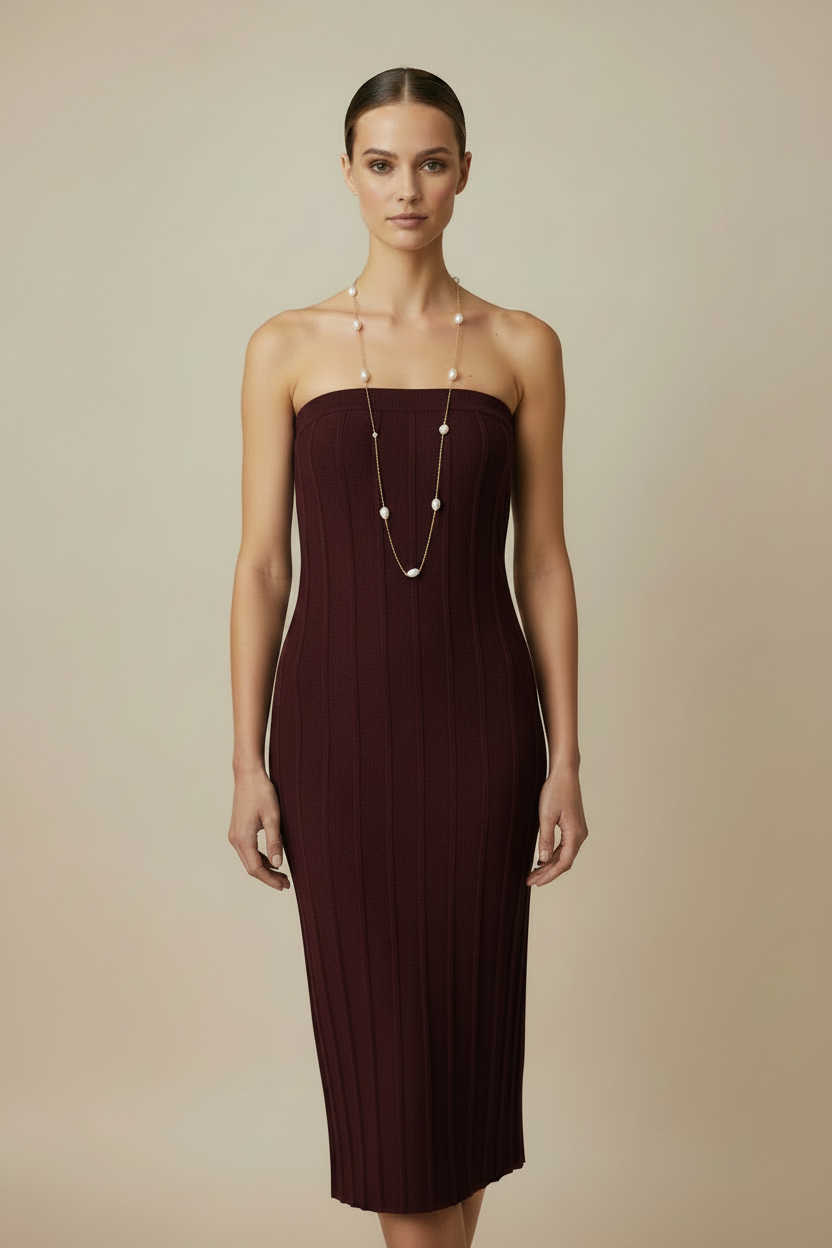 Model - deeper dark claret ribbed strapless dress