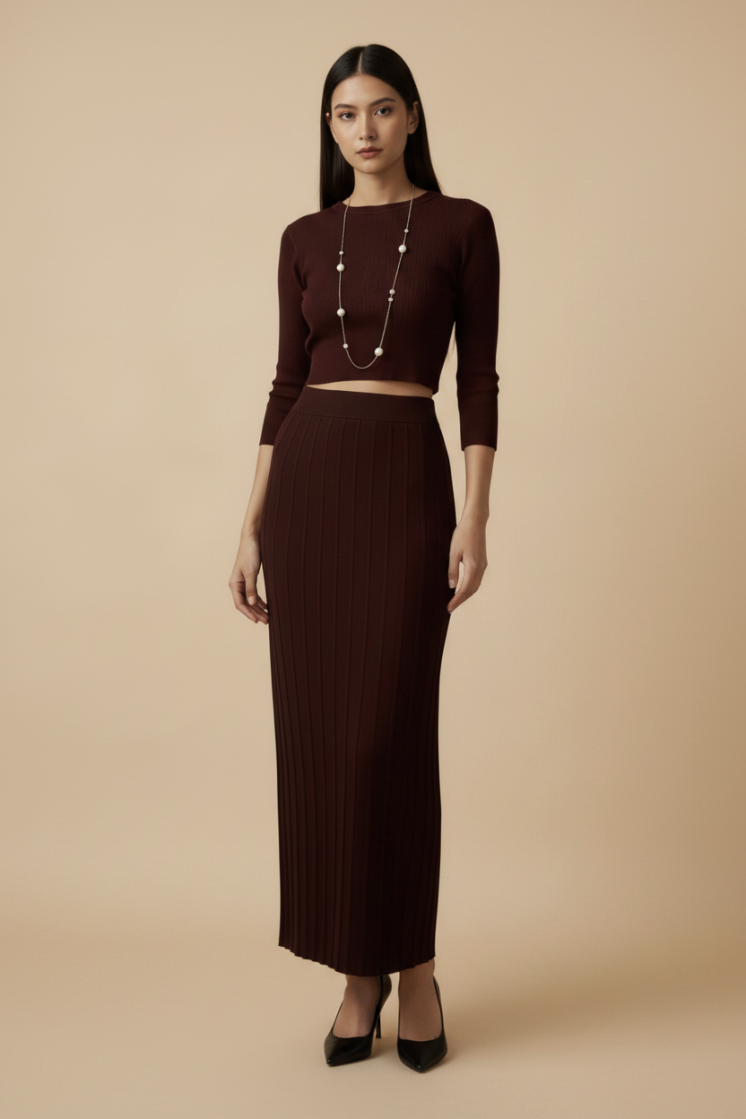 Model - fully matched deep reddish-brown co-ord fresh generation