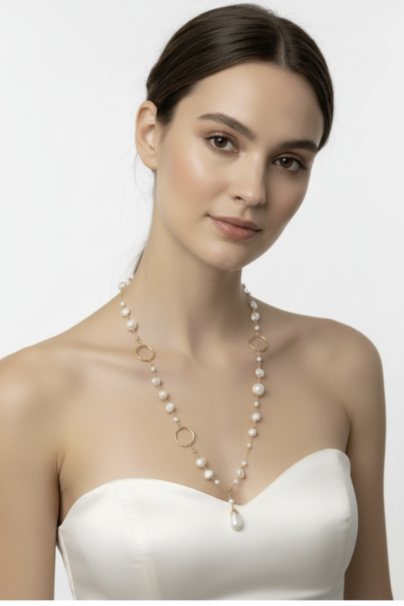 Model in Strapless Silk Dress with Pearl Necklace