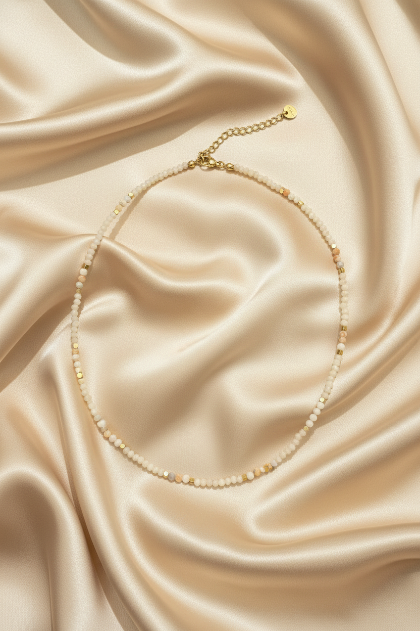 Moonstone & Blush Opal Fine Beaded Necklace — Flat Lay