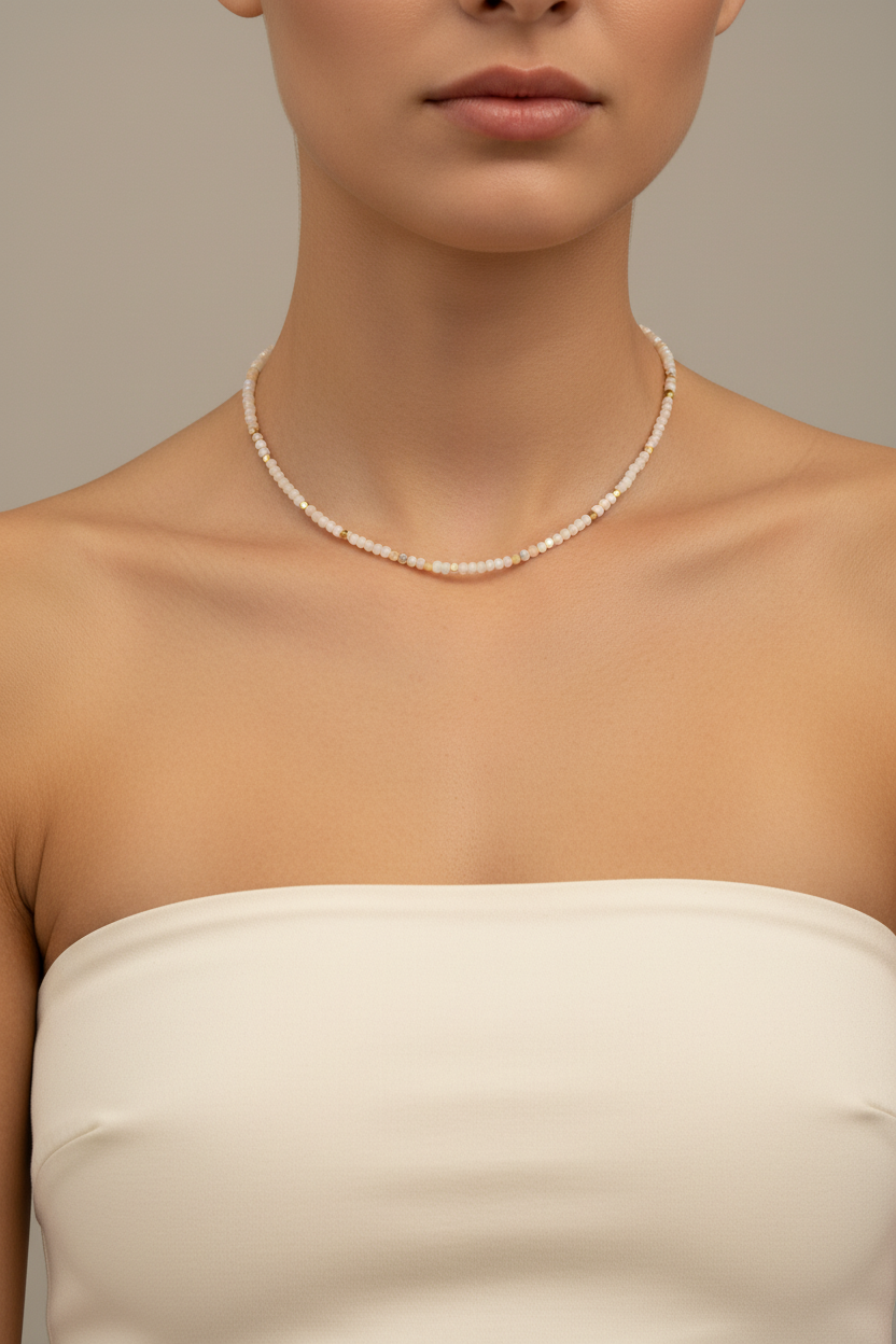 Moonstone & Blush Opal Fine Beaded Necklace — Model