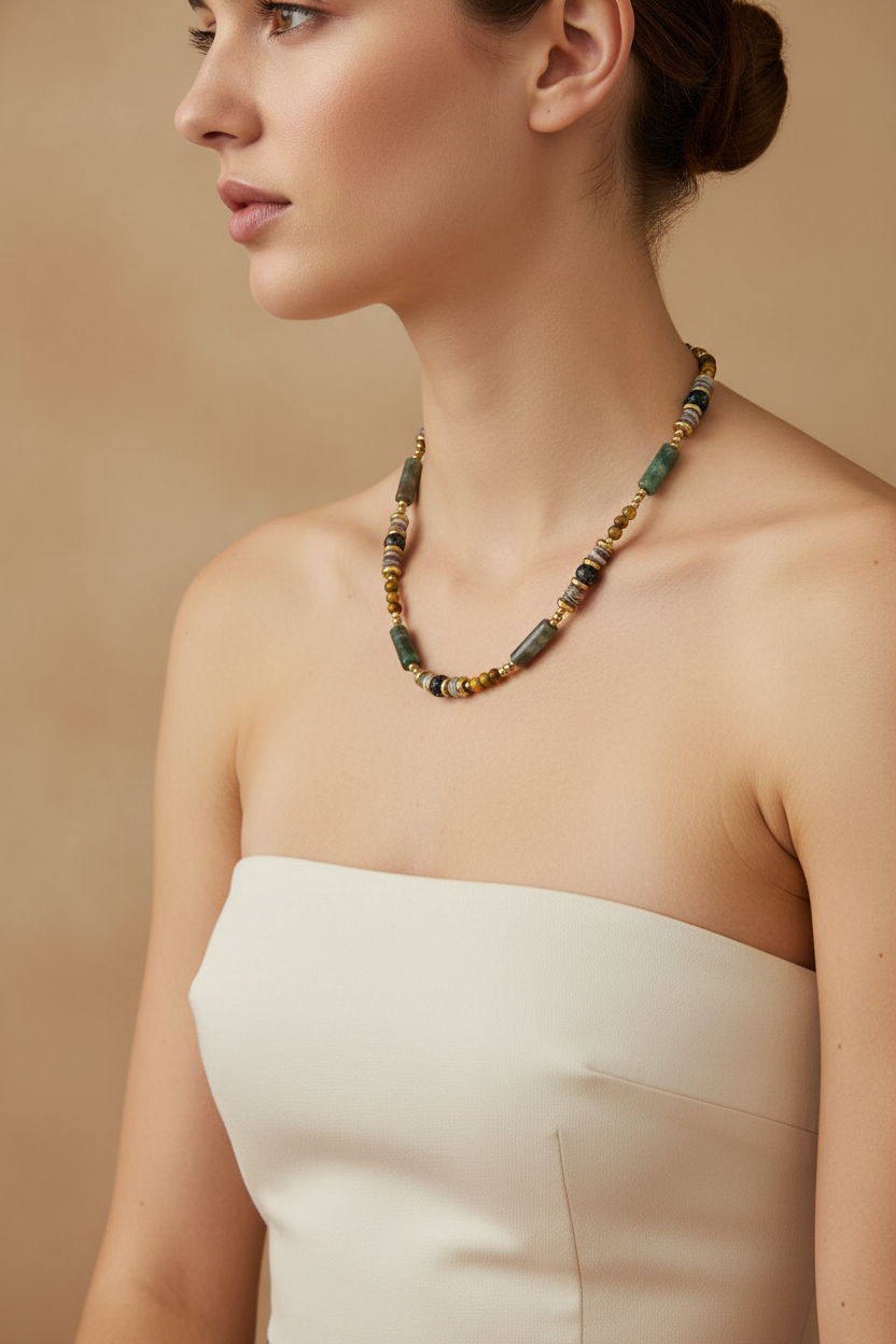 Moss Agate & Mixed Stone Beaded Necklace — Model