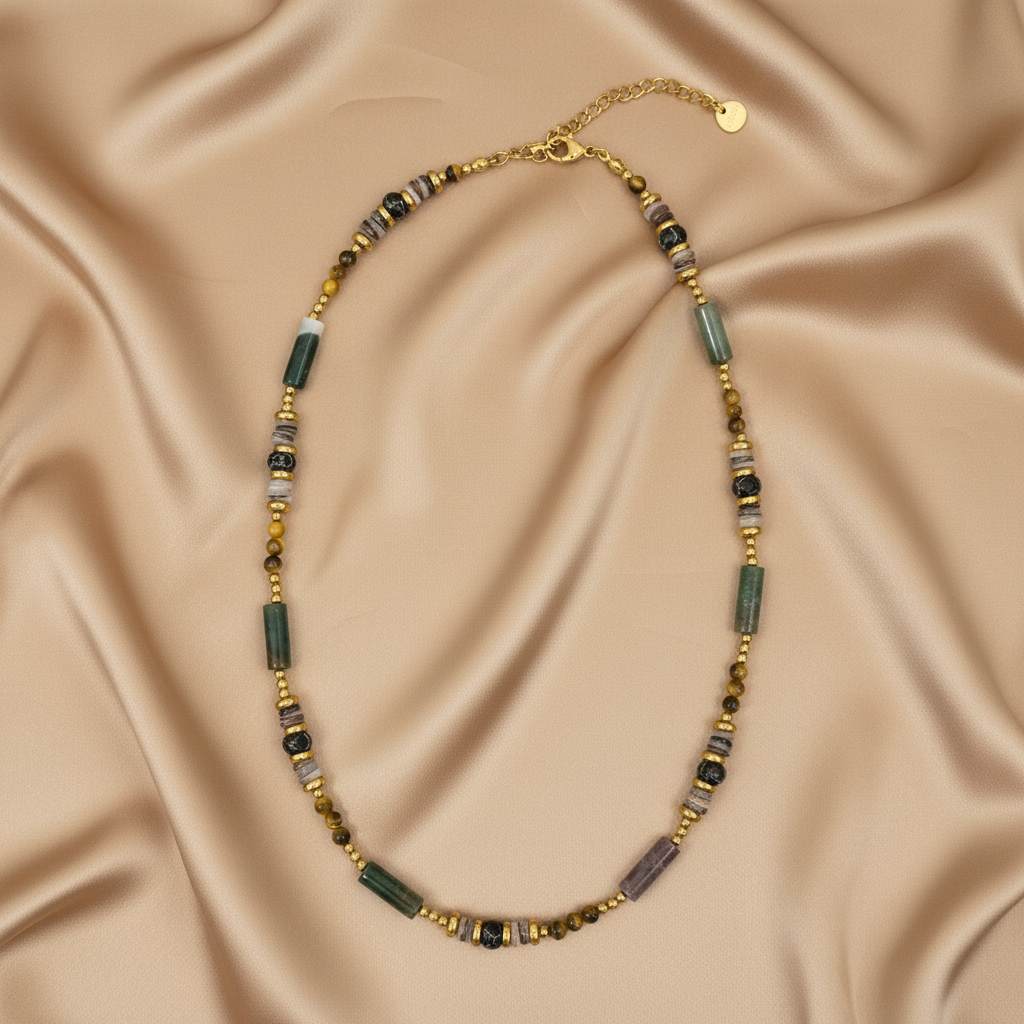 Moss Agate & Mixed Stone Necklace — Satin Flat Lay
