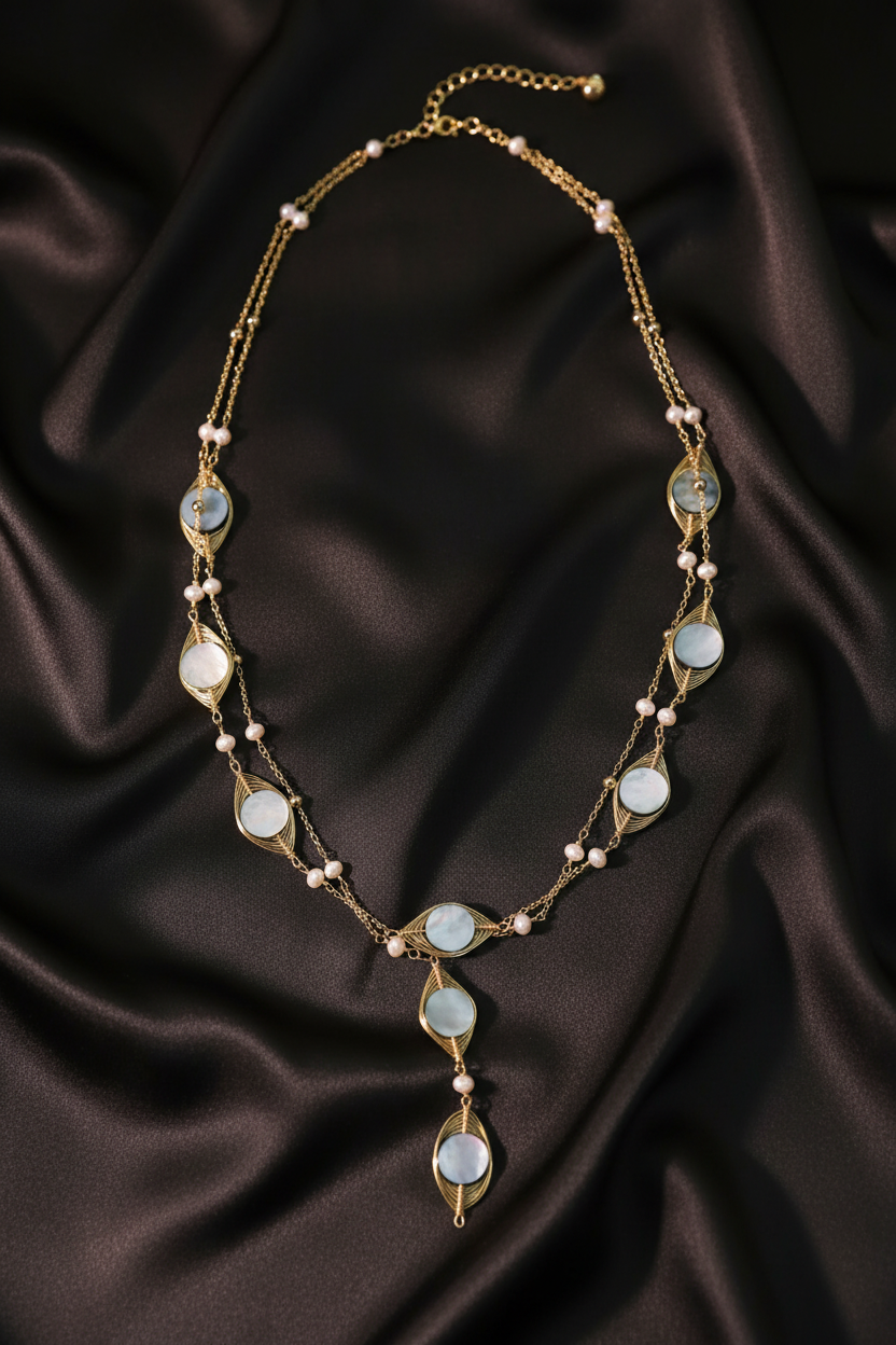 Mother of Pearl Lariat - Dark Satin Flat Lay