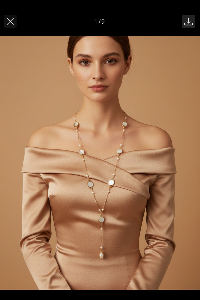 Mother of Pearl Lariat - Off Shoulder Beige Satin