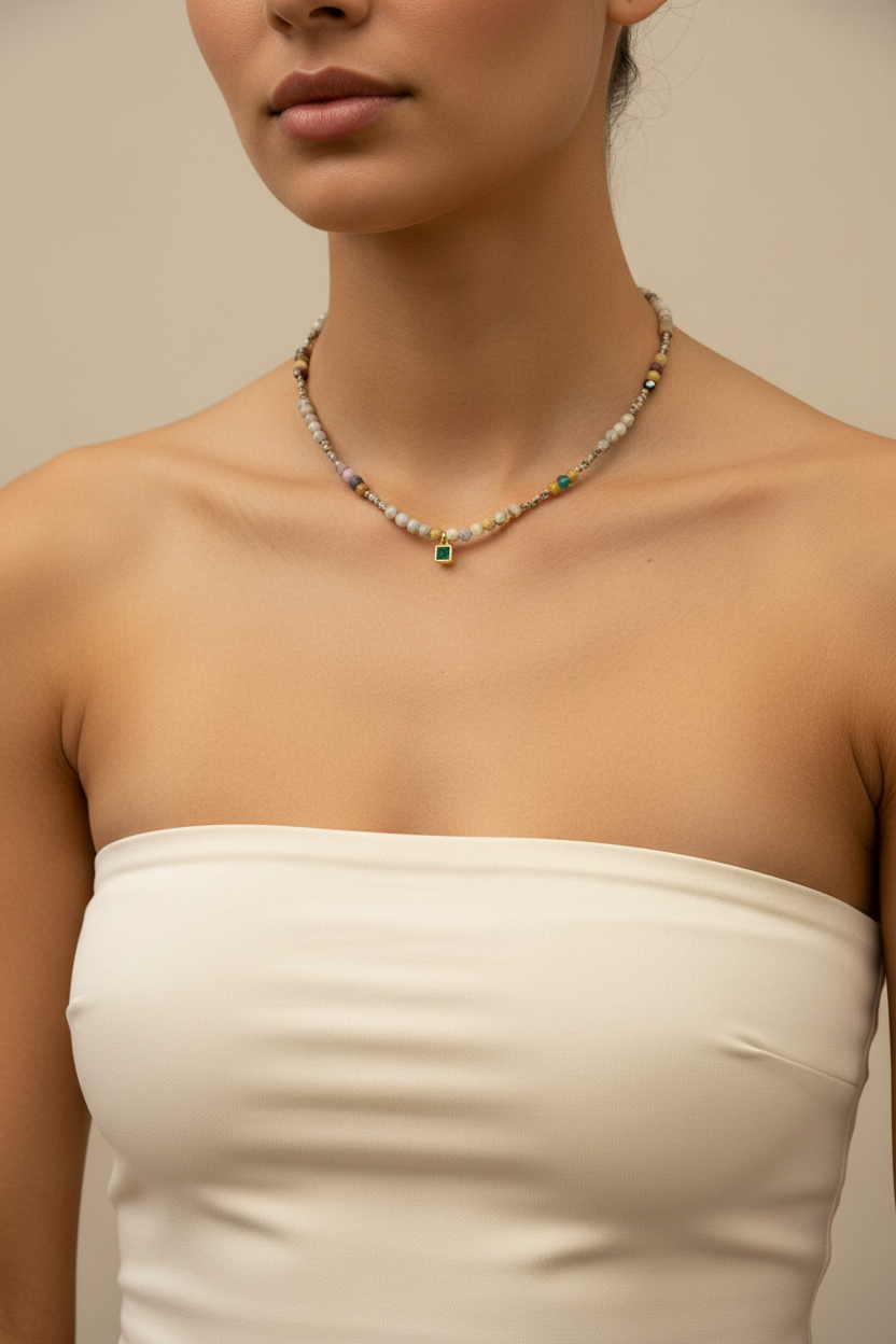 Multicolour Rondelle & Emerald Crystal Necklace — Model