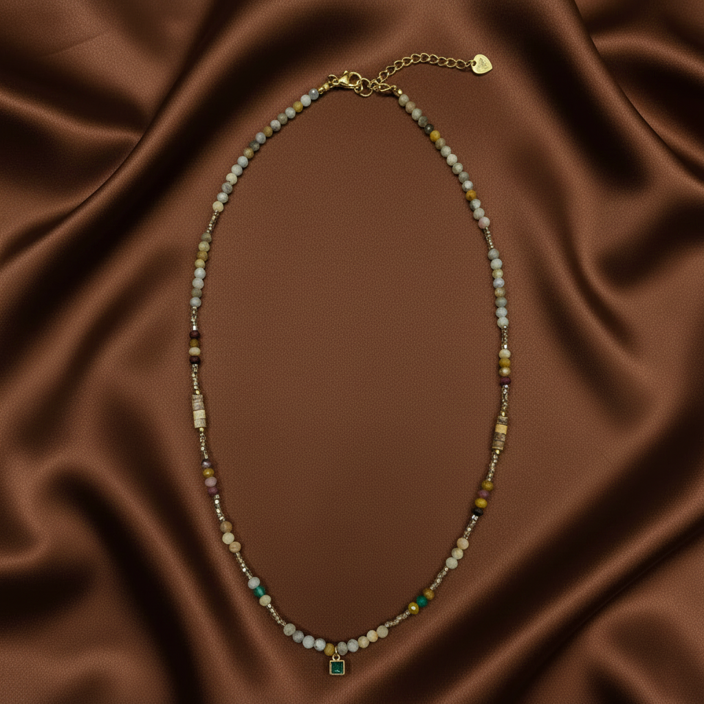 Multicolour Rondelle & Emerald Crystal Necklace — Warm Mocha Satin