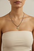 Navy & Blush Pink Evil Eye Disc Pendant Necklace — Front Model Shot