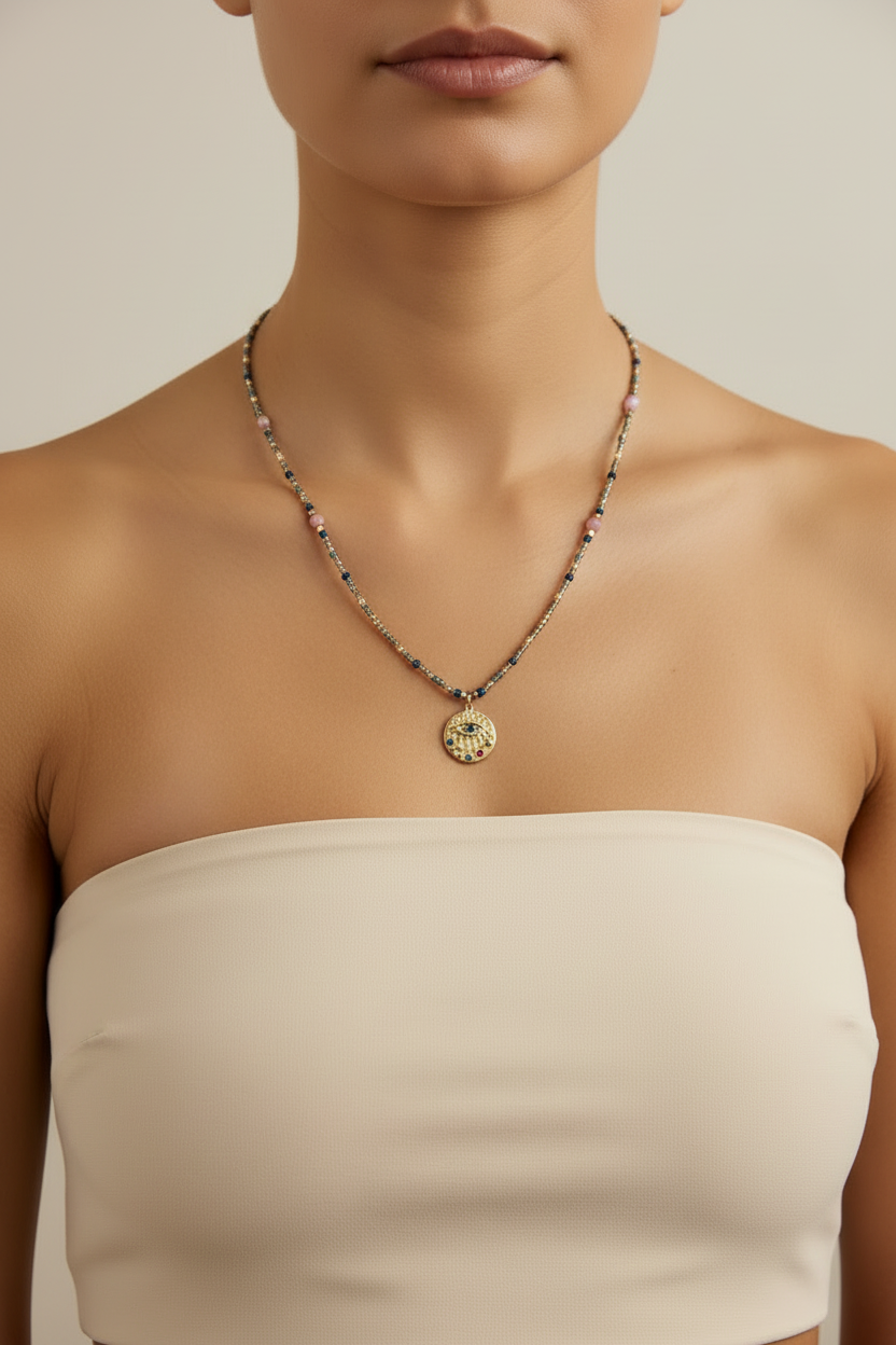 Navy & Blush Pink Evil Eye Disc Pendant Necklace — Front Model Shot