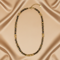 Olive Green Chip Stone & Gold Rondelle Beaded Necklace — Flat Lay