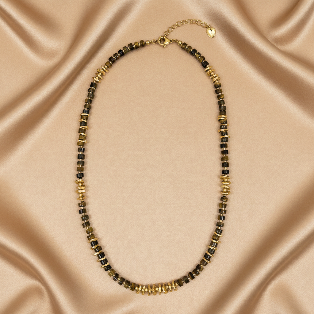 Olive Green Chip Stone & Gold Rondelle Beaded Necklace — Flat Lay