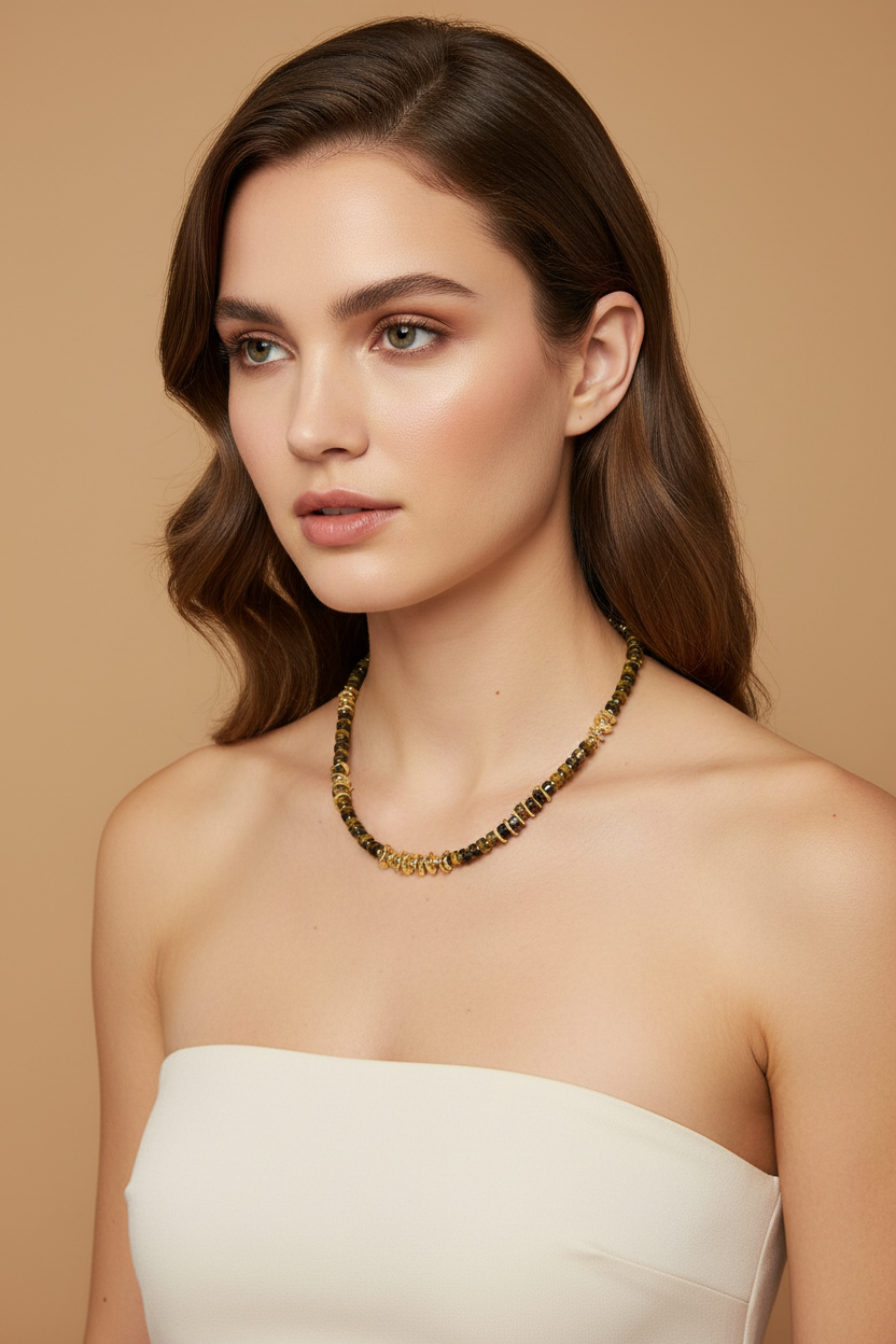 Olive Green Chip Stone & Gold Rondelle Beaded Necklace — Model