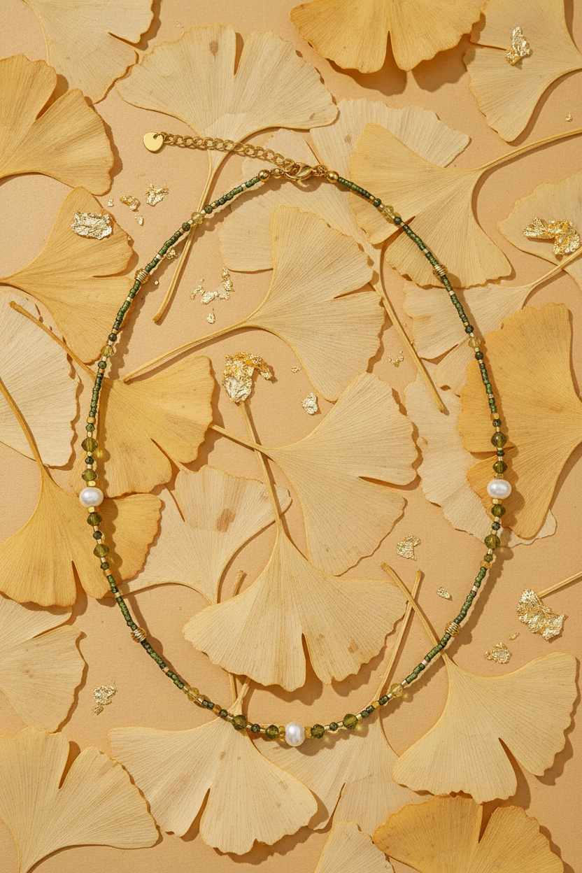 Olive Green & Freshwater Pearl Necklace — Champagne Ivory Satin Styled