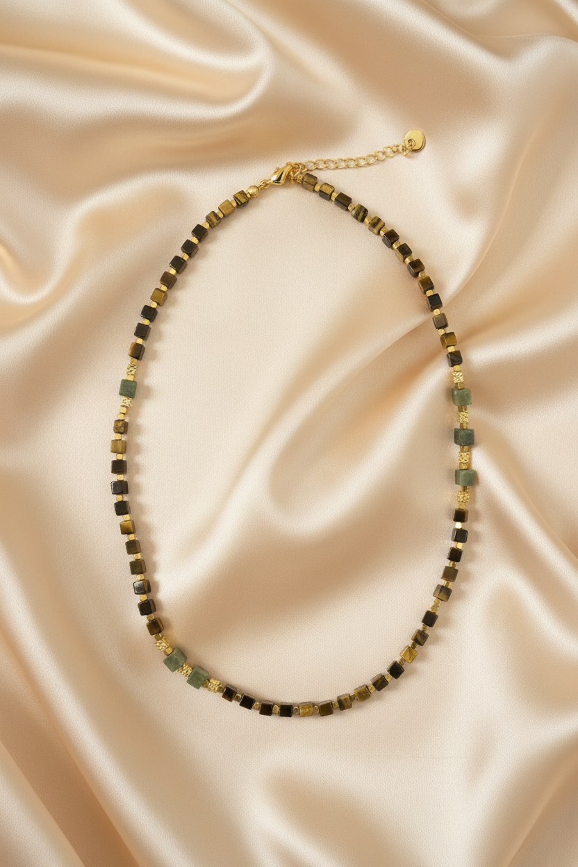 Olive & Tiger Eye Cube Beaded Necklace — Flat Lay