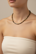 Olive & Tiger Eye Cube Beaded Necklace — Model