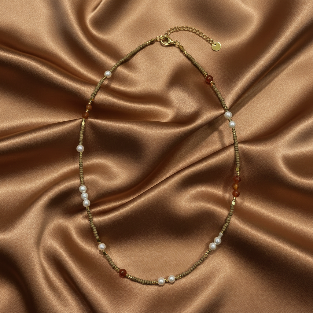 Pearl & Carnelian Gold Seed Bead Necklace — Brown Satin