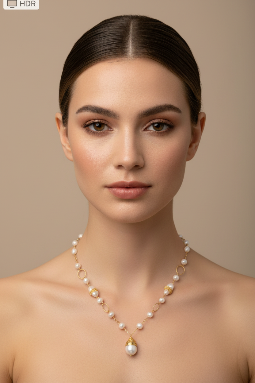 Pearl & Gold Chain Necklace on Model