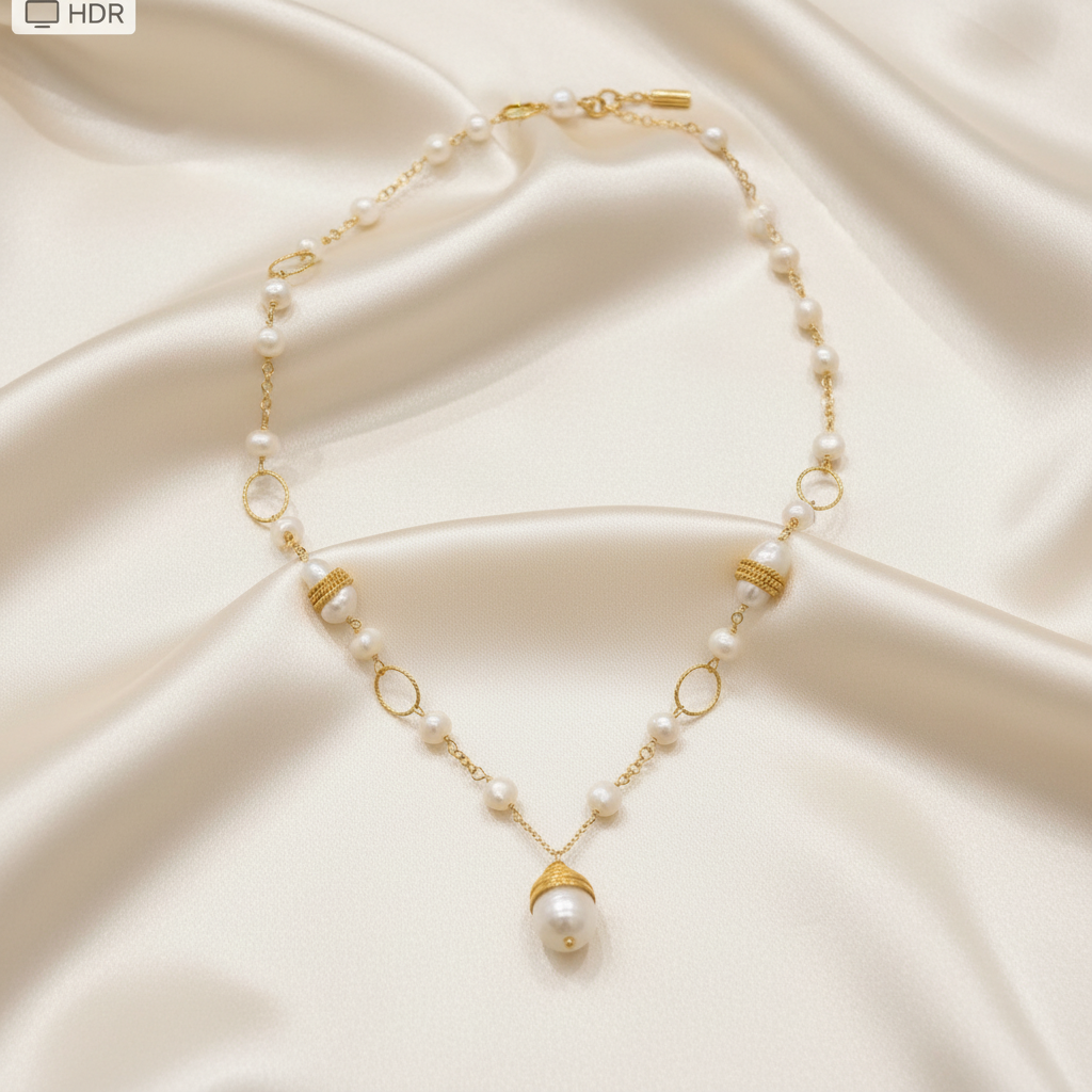 Pearl & Gold Chain Necklace on Silk