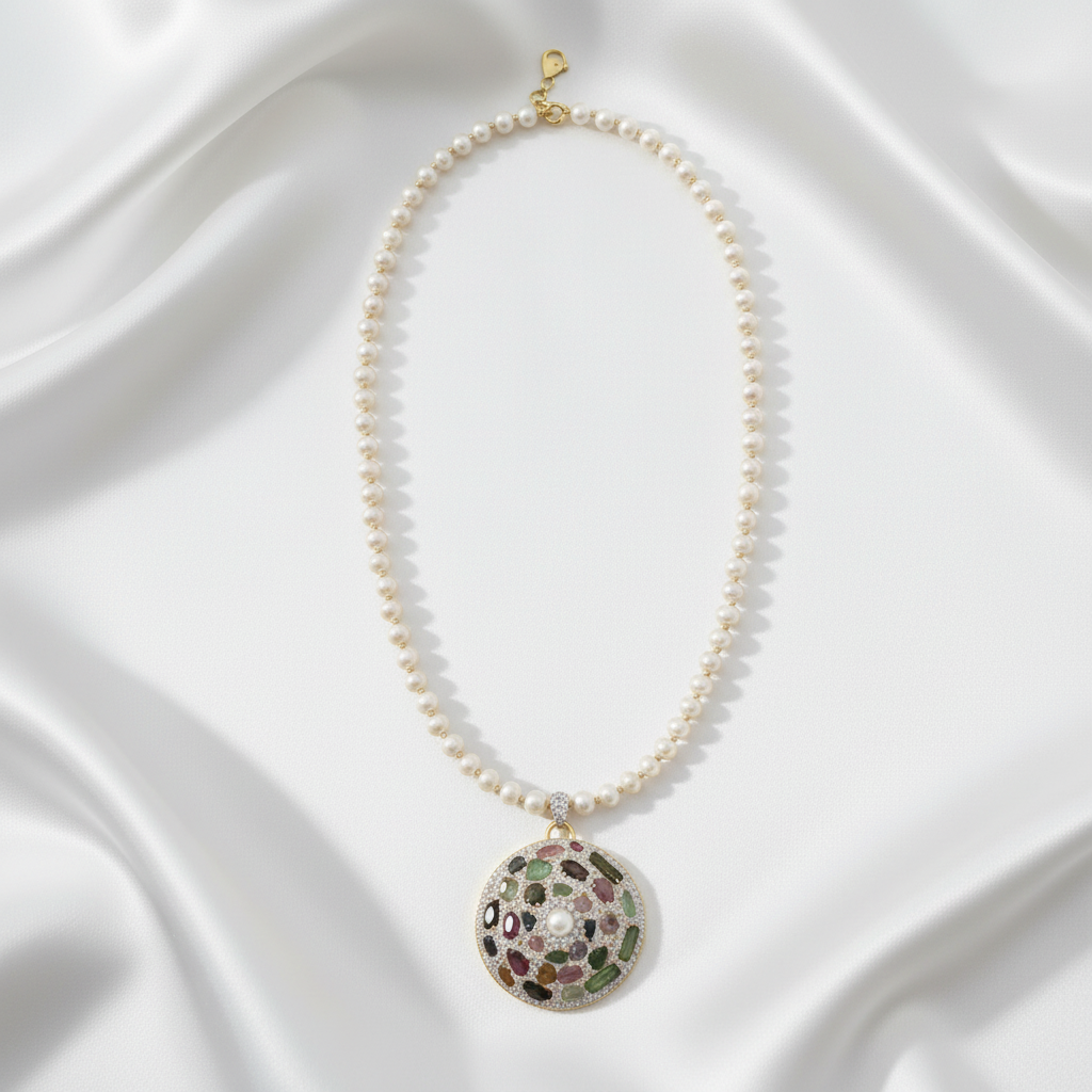 Pearl Necklace Flat Lay on White Satin