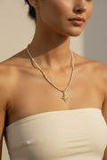 Pearl North Star Necklace — Model, Chain Removed
