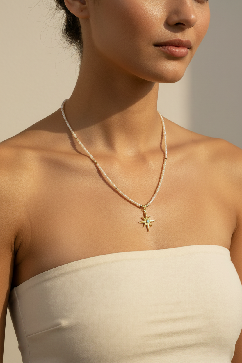 Pearl North Star Necklace — Model, Chain Removed