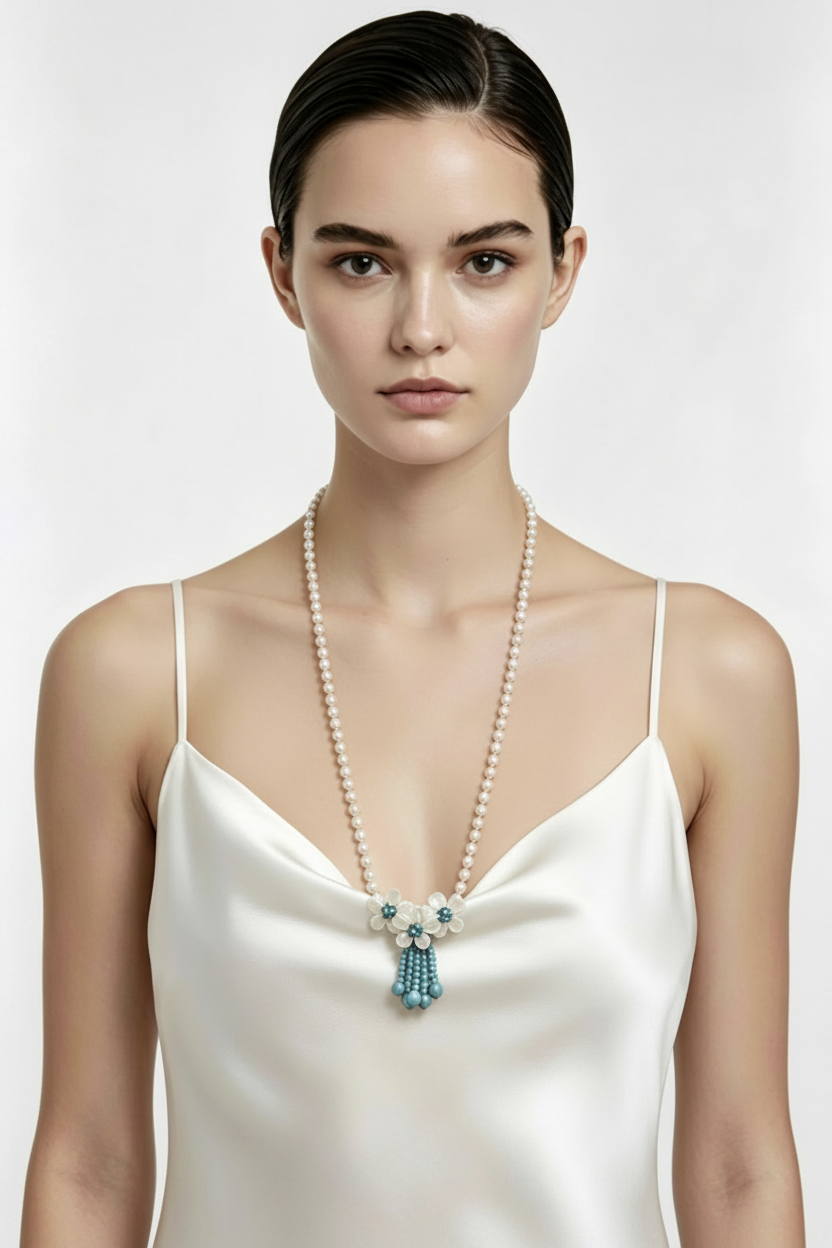 Pearl Teal Tassel Waist Length