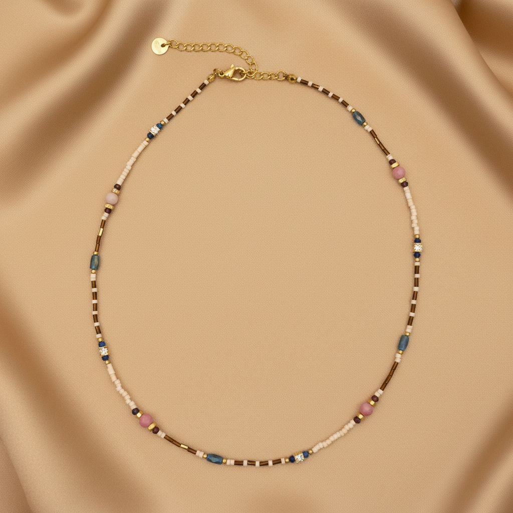 Pink Cat Eye & Blue Labradorite Beaded Necklace — Flat Lay