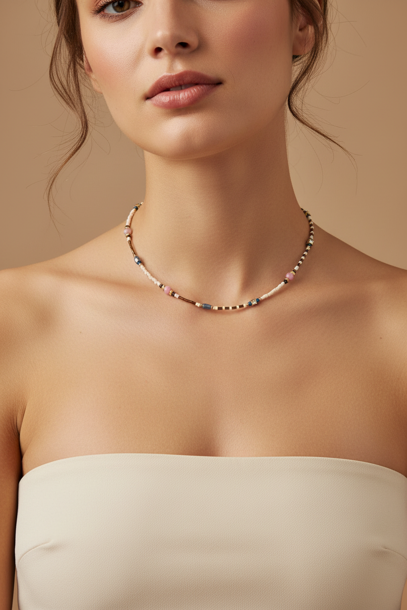 Pink Cat Eye & Blue Labradorite Beaded Necklace — Model