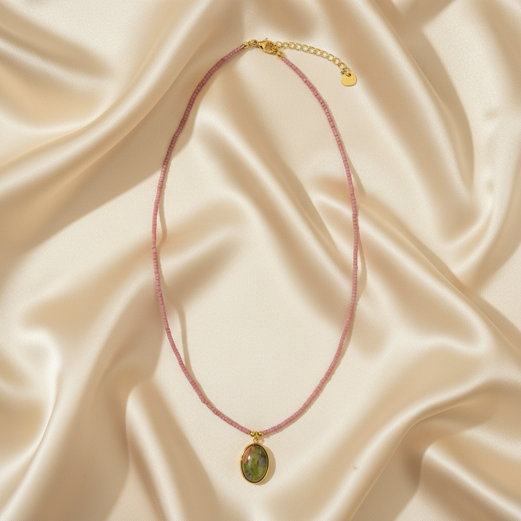 Pink Heishi & Green Jade Pendant Necklace — Flat Lay