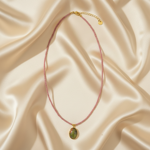 Pink Heishi & Green Jade Pendant Necklace — Flat Lay