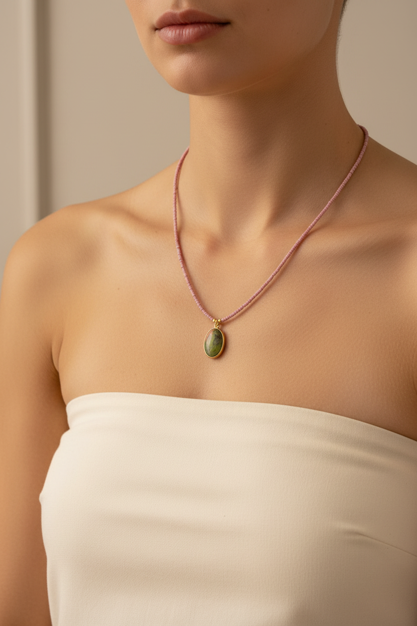 Pink Heishi & Green Jade Pendant Necklace — Model