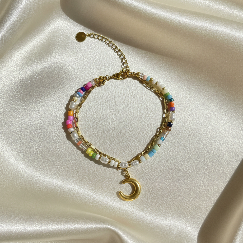 Rainbow Pearl & Moon Charm Double Strand Bracelet — Flat Lay