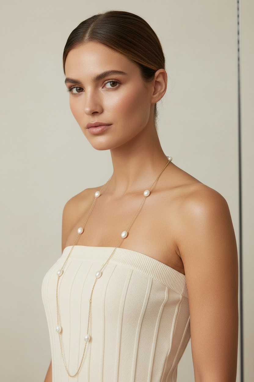 Real model - cream top, baroque pearl necklace angle