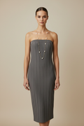 Real model - grey ribbed dress straight hem with pearl necklace