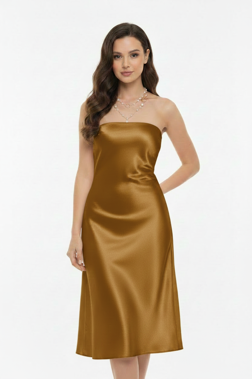 Richer Gold Shiny Strapless Satin Dress