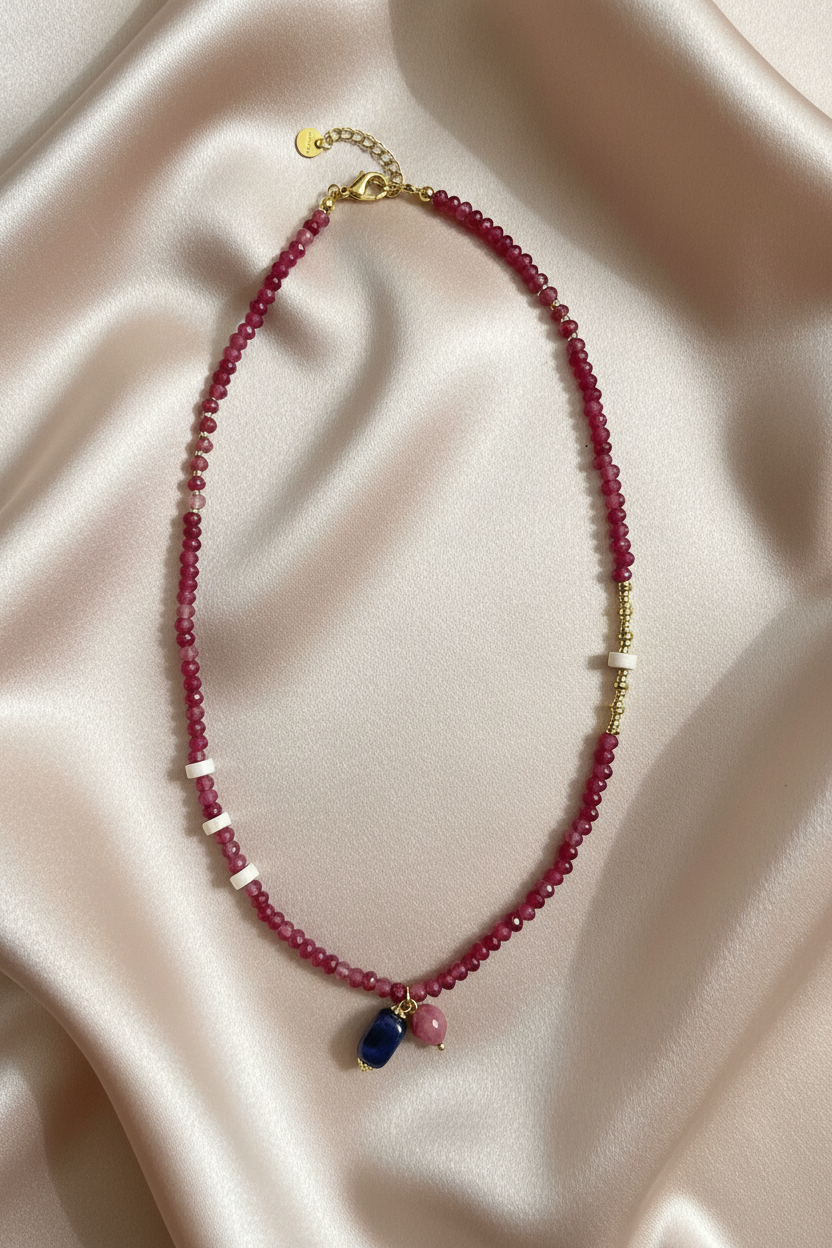 Ruby Garnet Beaded Necklace - Flat lay