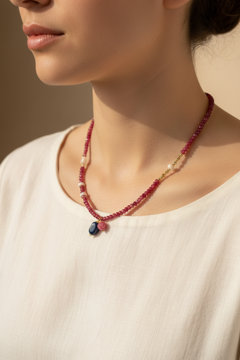 Ruby Garnet Beaded Necklace - Model