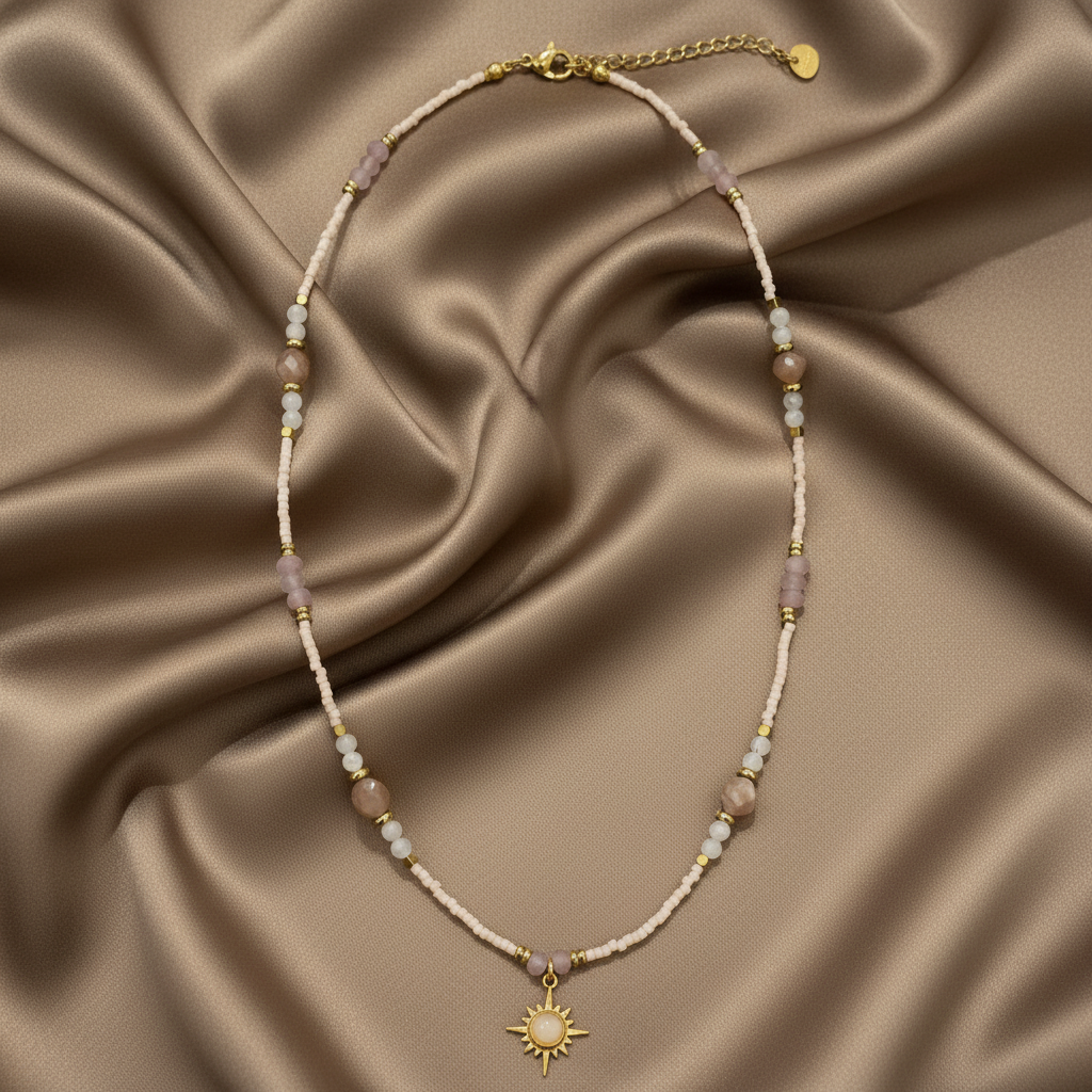 Sunburst Moonstone Beaded Necklace — Flat Lay