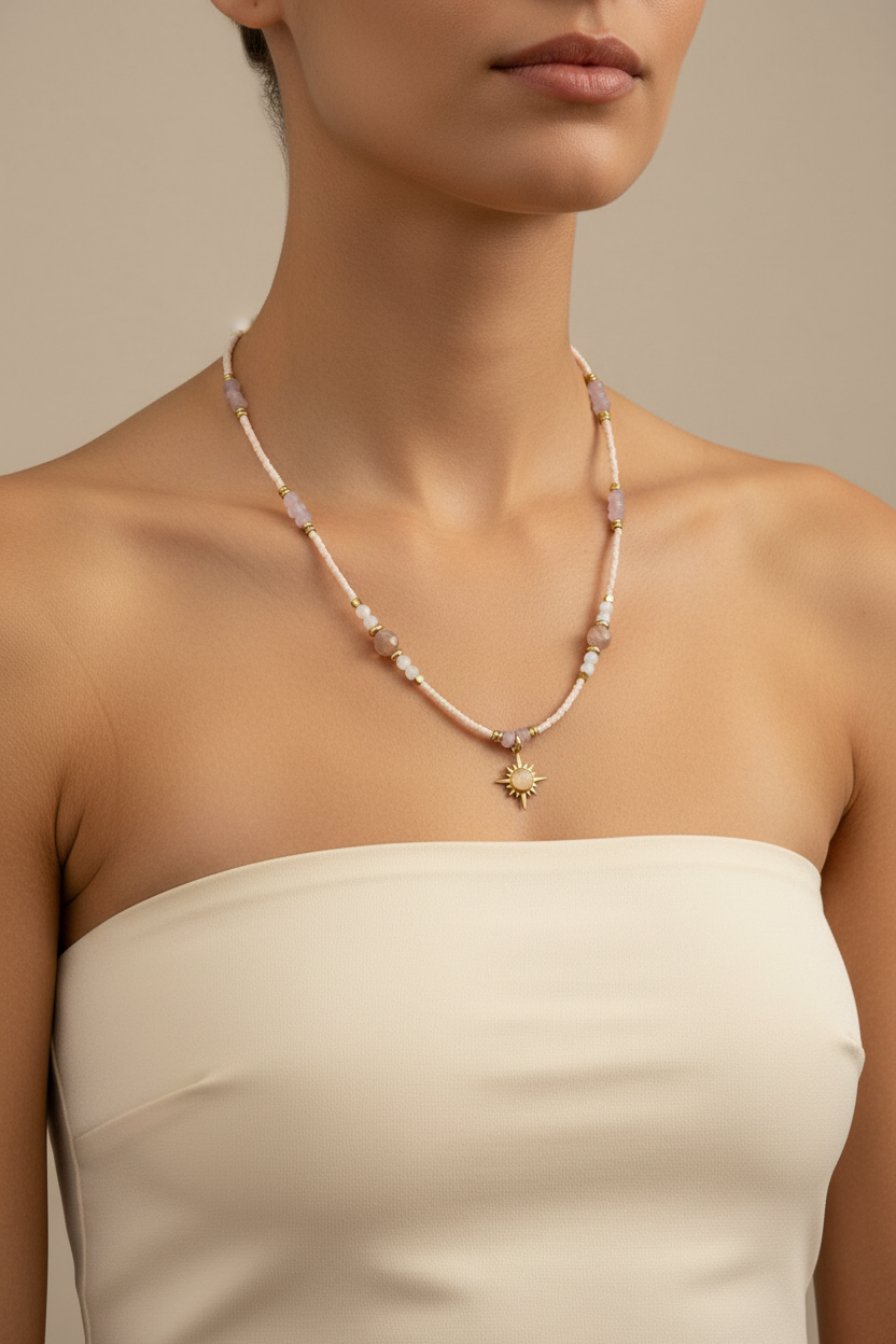 Sunburst Moonstone Beaded Necklace — Model