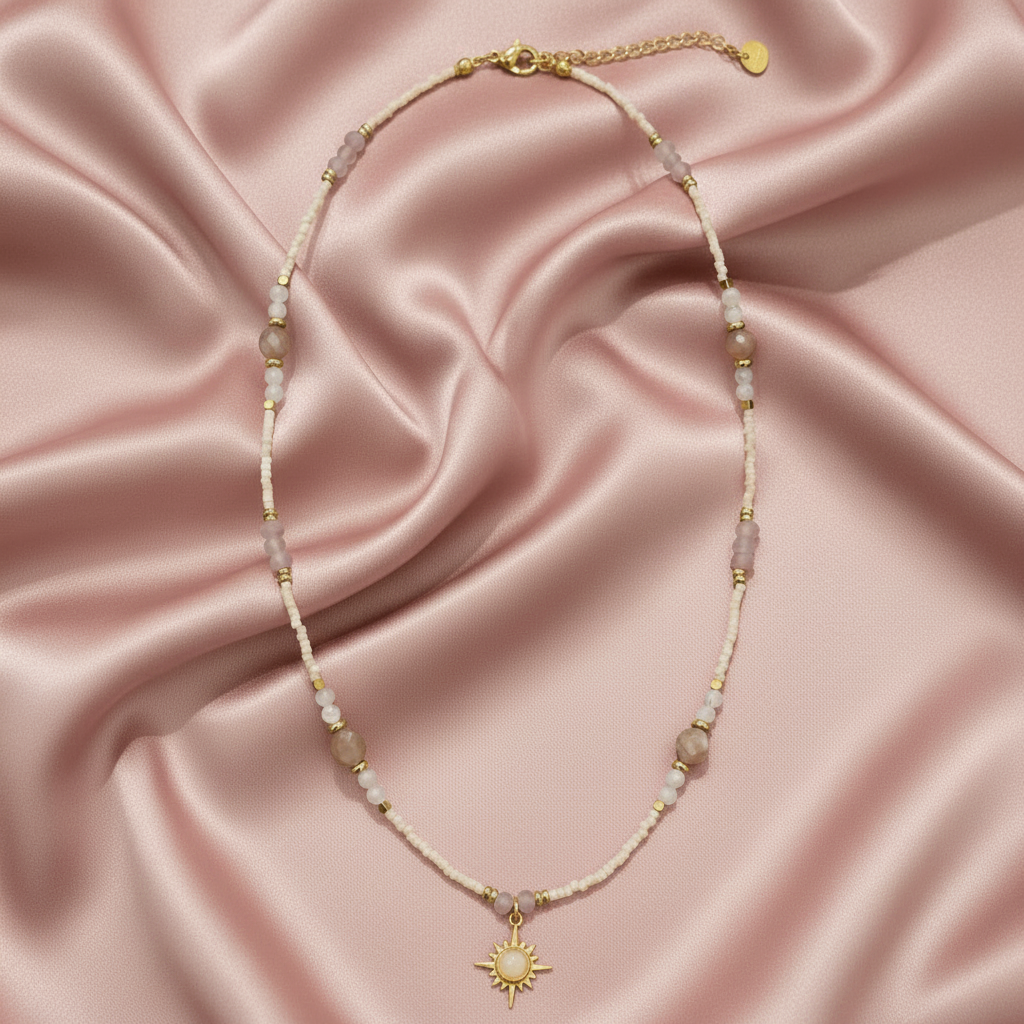 Sunburst Moonstone Necklace — Blush Pink Satin