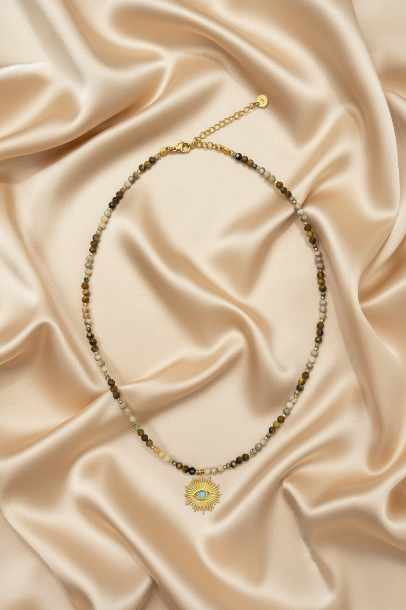 Tiger Eye & Evil Eye Sunburst Pendant Necklace — Flat Lay