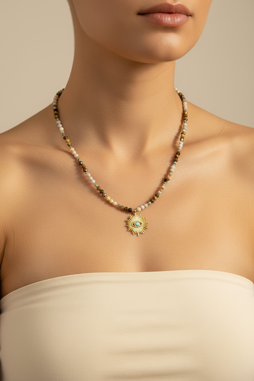 Tiger Eye & Evil Eye Sunburst Pendant Necklace — Model