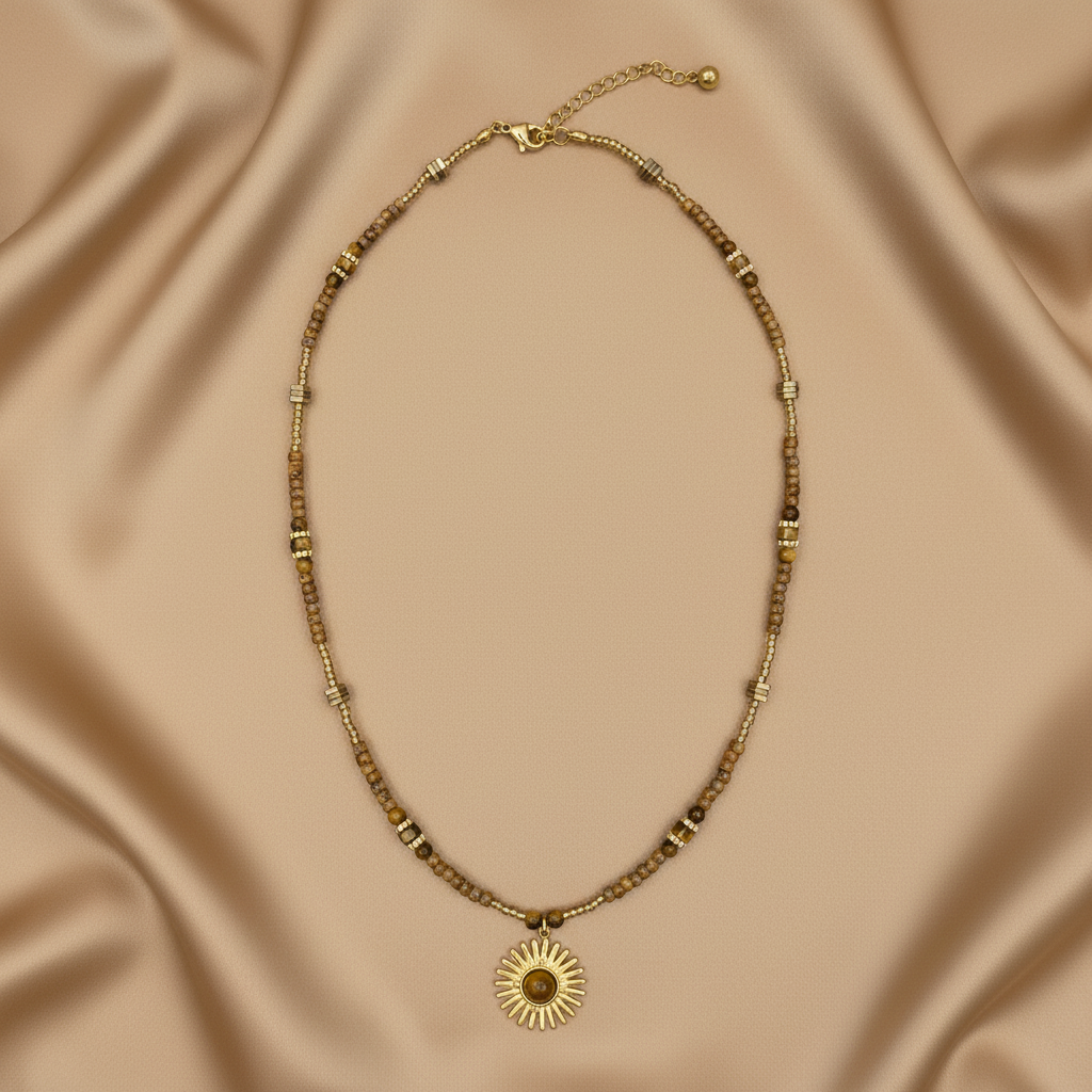 Tiger Eye & Gold Sunburst Beaded Necklace — Flat Lay