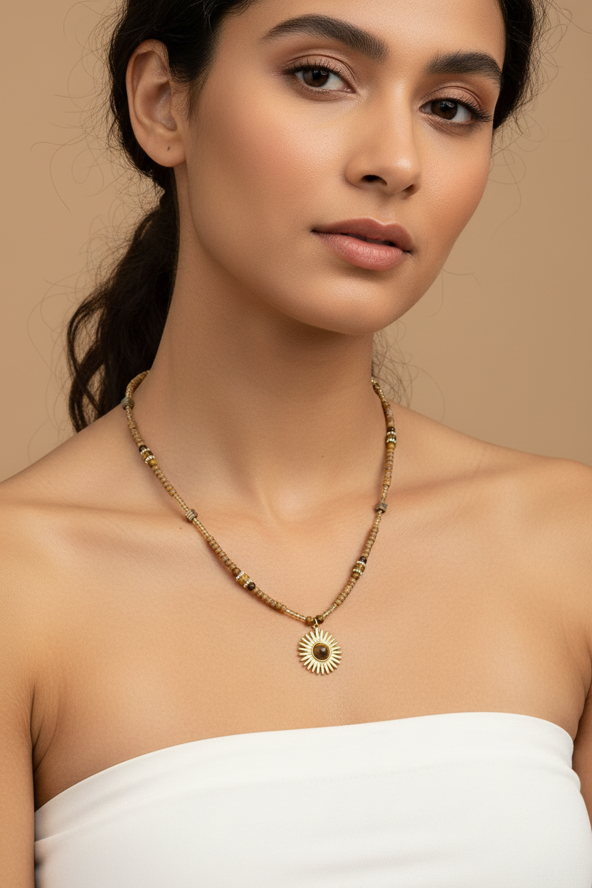 Tiger Eye & Gold Sunburst Beaded Necklace — Model