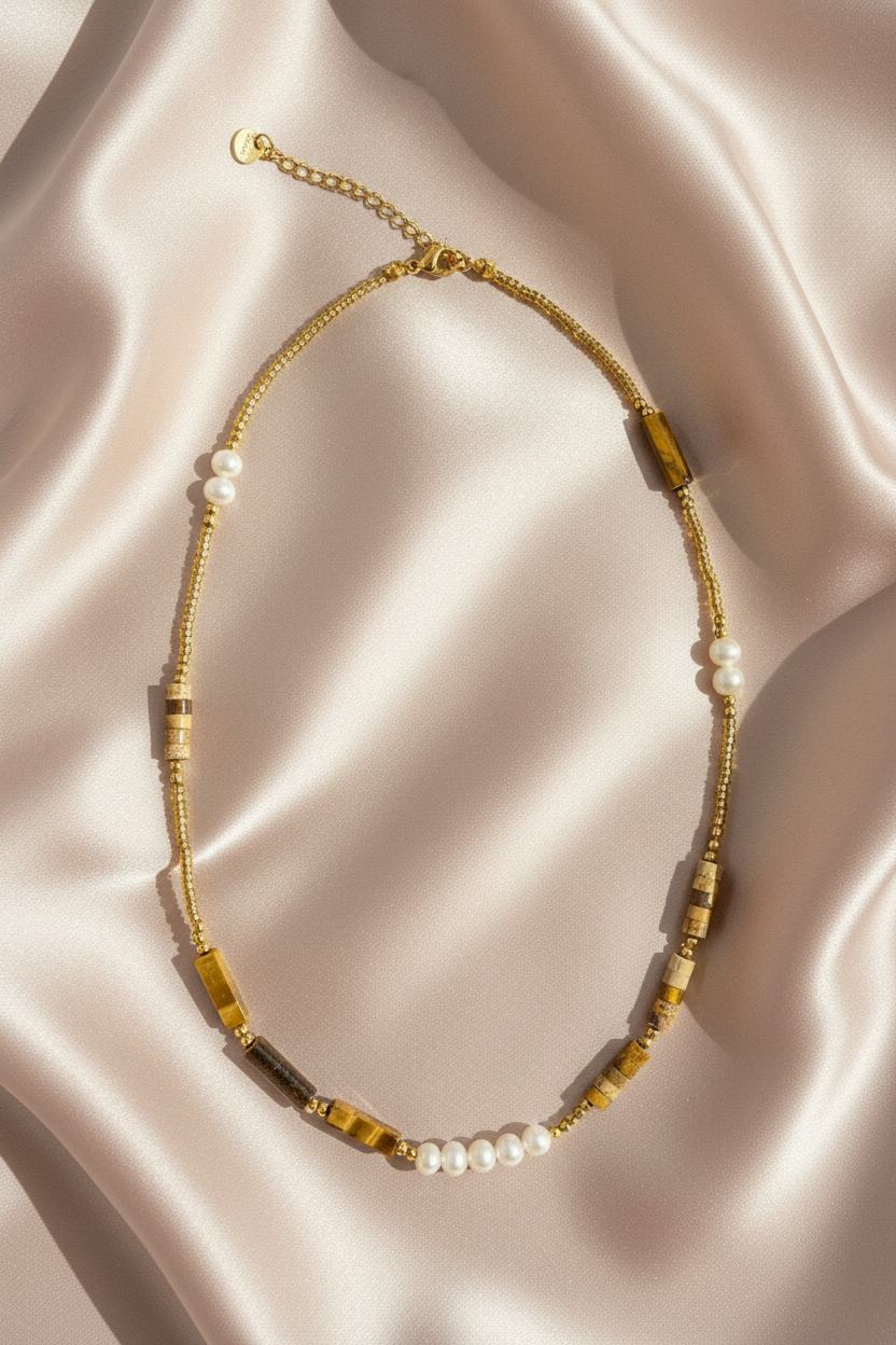 Tiger Eye & Pearl Necklace - Flat lay